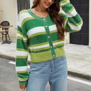 Женский короткий вязаный кардиган с длинными рукавами в полоску контрастного цвета, повседневный круглый вырез, модный вязаный свитер, пальто S зелёный