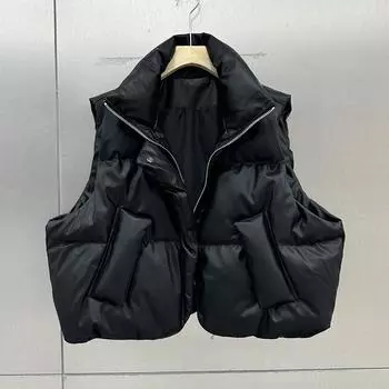 Женский короткий жилет из искусственной кожи с воротником-стойкой, зима 2024, новый свободный утолщенный белый пуховик average size within 75kg чёрный