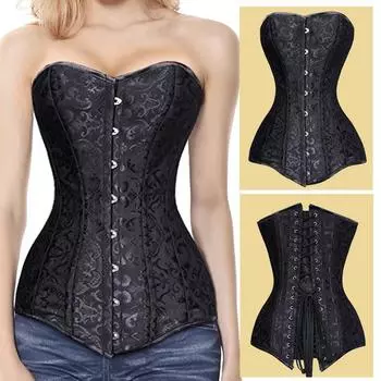 Женский корсет Overbust на шнуровке в стиле стимпанк, бюстье, топ, готическая одежда, длинный торс, песочные часы, формирователь тела 5XL чёрный