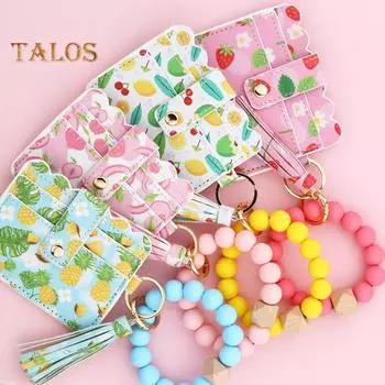 Женский кошелек-брелок с браслетом, фруктовым принтом, держатель кредитных карт в стиле бохо с кисточкой из бисера, женский кошелек на запястье для ключей, карт, монет A
