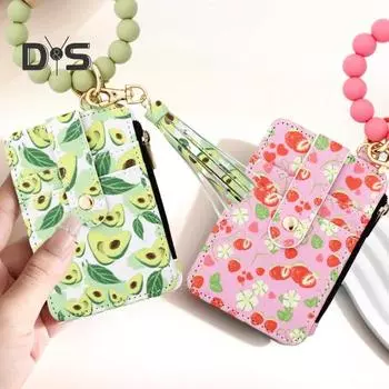 Женский кошелек-брелок с браслетом, фруктовым принтом, держатель кредитных карт в стиле бохо с кисточкой из бисера, женский кошелек на запястье для ключей, карт, монет B