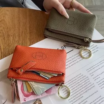 Женский кошелек для монет из натуральной кожи 2024 года — высококачественная двойная молния, большая вместимость, изысканная сумка для ключей из коровьей кожи хаки