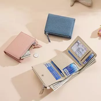 Женский кошелек и держатель карт из натуральной кожи с RFID-меткой и карманом для монет на молнии, многофункциональный дизайн из коровьей кожи. светло-розовый