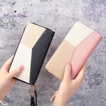 Женский кошелек из гладкой искусственной кожи с цветными блоками в стиле пэчворк на молнии с несколькими карманами большой емкости для телефона Кошелек для хранения денежных изменений Взрослая сексуальная одежда розовый