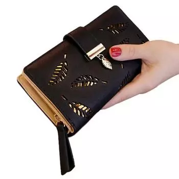 Женский кошелек из искусственной кожи с полым листом на молнии и пряжкой, кошелек, сумка