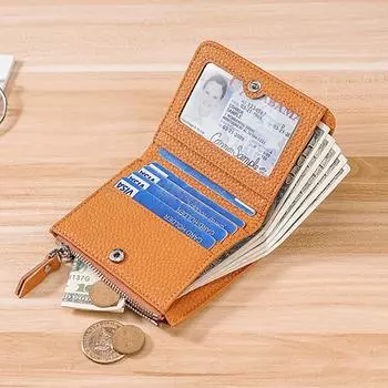 Женский кошелек из натуральной кожи, сложенный в два счета, женский кошелек, женский кошелек на молнии, небольшой кошелек с RFID, с браслетом, брелоком чёрный