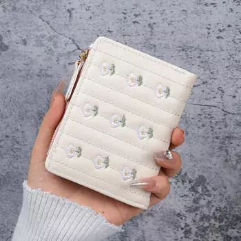 Женский кошелек из ПУ кожи с цветочной вышивкой, держатель для карт, милый кавайный зажим для денег, мини-кошелек, женский кошелек, визитница, органайзер для путешествий, подарок, конфетный цвет One Size грязно-белый