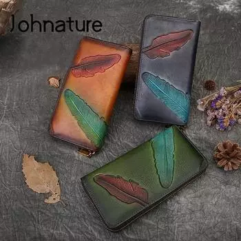 Женский кошелек Johnature из натуральной коровьей кожи с тиснением в стиле ретро, большой кошелек-клатч ручной работы, ручная сумка коричневый