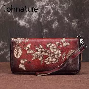 Женский кошелек Johnature из натуральной кожи с принтом в стиле ретро, длинные кошельки для отдыха, кошелек для телефона, мягкая сумка из воловьей кожи