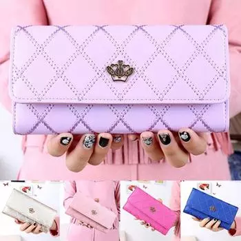 Женский кошелек-клатч из искусственной кожи с узором ромба и короны, длинный кошелек фиолетовый