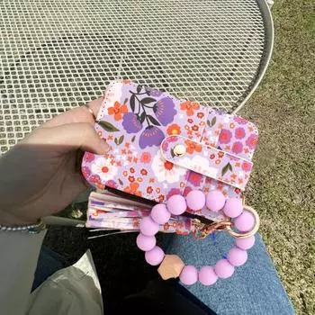 Женский кошелек-кошелек с запястьем, держатель карт в стиле бохо, кошелек с цветочным принтом, бисерный брелок с кисточкой для ежедневных выходов в отпуск зелёный