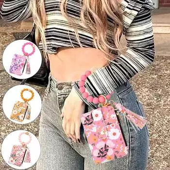 Женский кошелек-кошелек с запястьем, держатель карт в стиле бохо, кошелек с цветочным принтом, бисерный брелок с кисточкой для ежедневных выходов в отпуск хаки