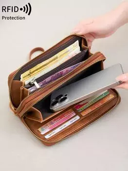 Женский кошелек MIYIN с защитой от RFID и двойной молнией, женский клатч в стиле ретро, минималистичный, многофункциональный, с несколькими отделениями для карт, держатель для карт