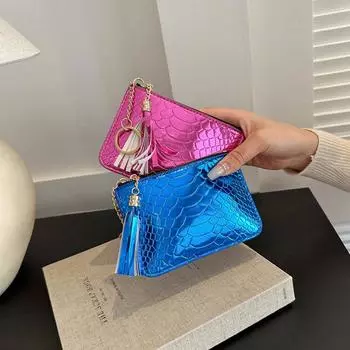 Женский кошелек с крокодиловым принтом, лазерный цветной кожаный кошелек с кисточками в стиле ретро серебряный