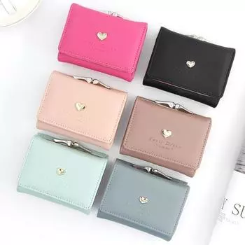 Женский кошелек с металлическим сердцем, модный мини-бумажник с буквами, тройной, с несколькими слотами, карман для карт, короткий тонкий кошелек для монет розовый