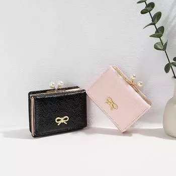 Женский кошелек тройного сложения в корейском стиле - милый дизайн с бабочками, компактный держатель для карт розовый