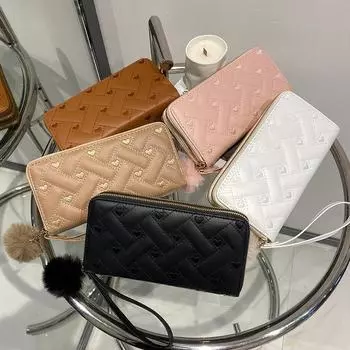 Женский кошелек весна/лето 2023: Стильный клатч средней и большой длины с отделкой в виде сердца, двухслойный для монет и телефона. коричневый