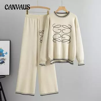 Женский костюм больших размеров из двух частей, модный повседневный, с широкими брюками, с круглым вырезом, простой трикотажный костюм one size абрикосовый