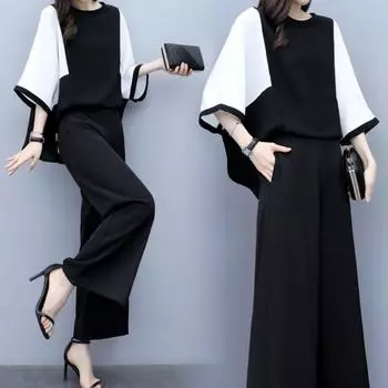 Женский костюм больших размеров, модные свободные брюки с рукавами три четверти, комплект из двух предметов 2XL чёрный/белый