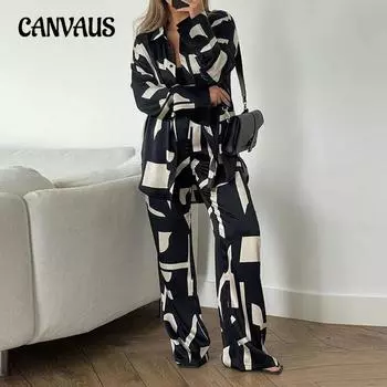 Женский костюм больших размеров, новый, для поездок на работу, свободный, с длинными рукавами, высокой талией, с широкими штанинами M чёрный