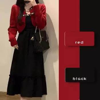 Женский костюм больших размеров, вязаный кардиган в стиле ретро, свитер и платье на подтяжках, комплект из двух предметов 2XL чёрный/красный