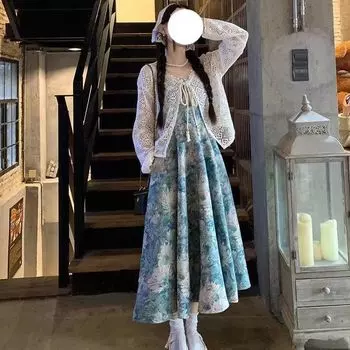 Женский костюм большого размера, алый кардиган с принтом масляной живописи, юбка на подтяжках, комплект из двух предметов 2XL разноцветный