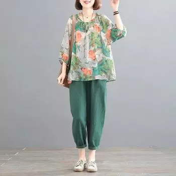 Женский костюм большого размера, летняя хлопковая и льняная футболка, брюки, комплект из двух предметов, удобный костюм из двух предметов в стиле ретро с принтом M