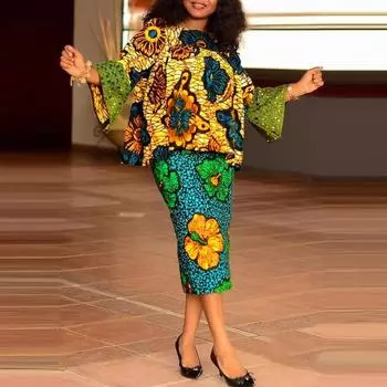 Женский костюм большого размера с круглым вырезом, расклешенным длинным рукавом и принтом, свободным топом и юбкой, закрывающей бедра M хаки