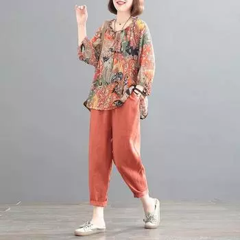 Женский костюм большого размера, женская летняя хлопковая и льняная футболка, брюки, комплект из двух предметов, удобный костюм из двух предметов в стиле ретро с принтом M