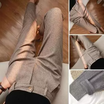 Женский костюм Брюки с принтом «елочка» Высокая талия Толстые теплые облегающие прямые мягкие карманы OL Формальные длинные брюки для поездок на работу 2XL абрикосовый