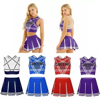 Женский костюм черлидинга для взрослых, комплект из 2 предметов, укороченный топ с мини-плиссированной юбкой, наряды для ролевых игр