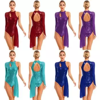 Женский костюм для фигурного катания, балетное гимнастическое платье для лирического танца, блестящий купальник на одно плечо с блестками, танцевальная одежда L бордовый