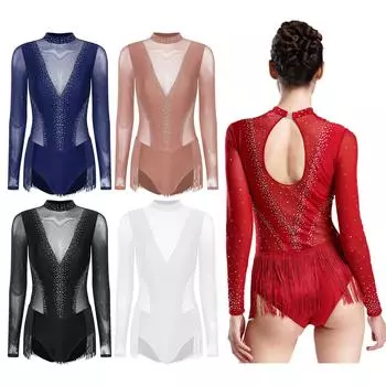Женский костюм для фигурного катания, гимнастические комбинезоны, майка, танцевальная одежда, спортивная одежда, велосипедки, балетные трико, боди с кисточками S бордовый