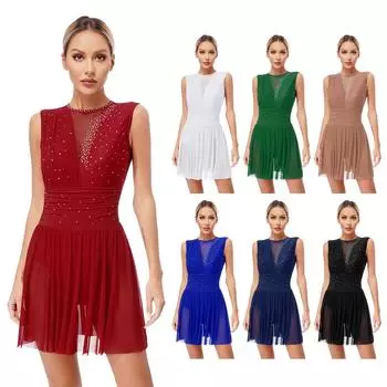 Женский костюм для фигурного катания, лирические танцевальные платья, блестящее платье без рукавов со стразами и вырезом сзади S бордовый