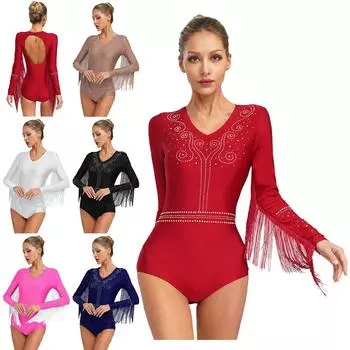 Женский костюм для латинских танцев, блестящий купальник со стразами и кисточками, V-образный вырез, длинный рукав, вырез на спине, боди для танго S бордовый