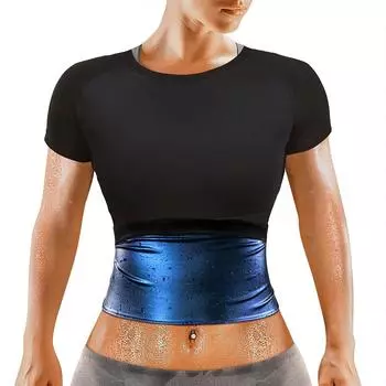 Женский костюм для сауны с коротким рукавом, толстовка для фитнеса, тренировки, майки, корректирующее белье, тренажер для талии, футболка для похудения, укороченная майка S/M чёрный/серебряный