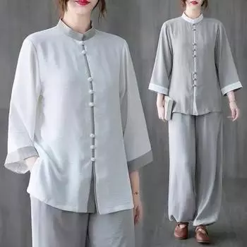 Женский костюм для тайцзи в китайском стиле, одежда для занятий боевыми искусствами, удобный комплект из двух предметов: топ с длинными рукавами и брюки 2XL белый