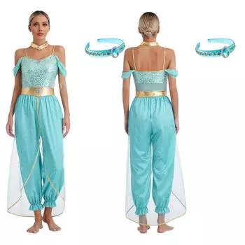 Женский костюм для танца живота, комбинезон с пайетками, повязка на голову с драгоценными камнями, наряд арабской принцессы S бирюзовый