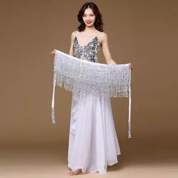 Женский костюм для танца живота, пояс, юбка, набедренная повязка, наряд, блестки, кисточки, шарф из бисера WH белый