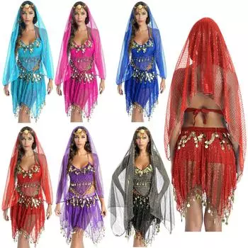 Женский костюм для танца живота с пайетками и кисточками, укороченный топ с юбкой-вуалью, блестящий сценический наряд One Size красный