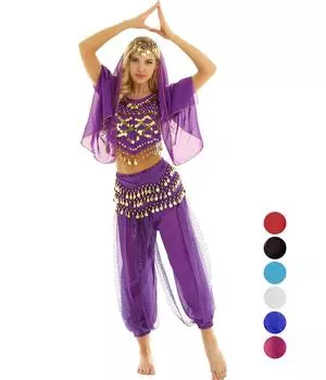 Женский костюм для танца живота, укороченный топ для индийского танца и шаровары, платок на бедрах, платки на голову фиолетовый