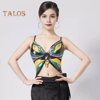 Женский костюм для танца живота, укороченный топ с открытой спиной, без рукавов, с пайетками, костюм для латинских танцев, бандажный жилет с регулируемыми резинками, блестящий для вечеринки One Size F