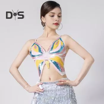 Женский костюм для танца живота, укороченный топ с открытой спиной, без рукавов, с пайетками, костюм для латинских танцев, бандажный жилет с регулируемыми резинками, блестящий для вечеринки One Size G