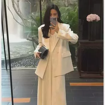 Женский костюм-двойка больших размеров: Длинная юбка на подтяжках и блейзер на весну/осень XXL