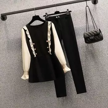 Женский костюм-двойка на осень и зиму, тонкий, удобный, свободный, рубашка с длинными рукавами, свободные брюки, женский костюм M чёрный