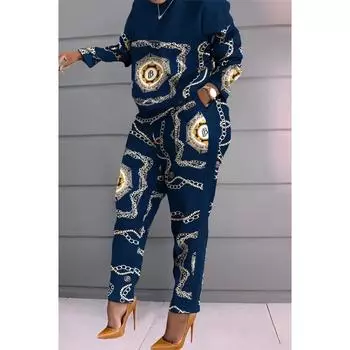 Женский костюм-двойка с длинными рукавами и принтованными брюками XXXL