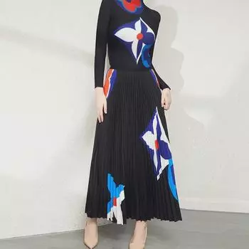 Женский костюм-двойка с плиссированной юбкой в стиле ретро, весна/осень 2024 г. One size top синий/серый