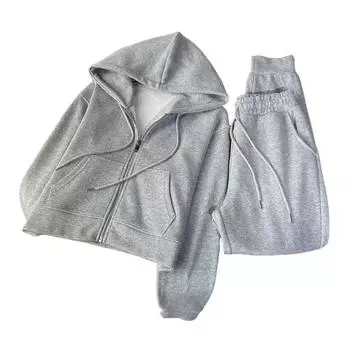 Женский костюм-двойка: толстовка с длинным рукавом на молнии и спортивные штаны. Повседневные осенние комплекты для активного бега. M серый