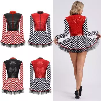 Женский костюм гонщика-гонщика, танцевальная одежда с шахматным принтом, униформа команды поддержки, карнавальный сценический костюм на Хэллоуин