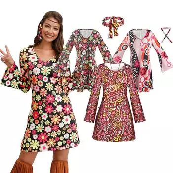 Женский костюм хиппи, карнавальная вечеринка, дискотека, танцевальный костюм 70-х годов, комплект с повязкой на голову, платье xxxl